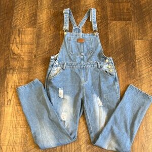 Boho Jean Distressed Denim Overalls Size Medium
